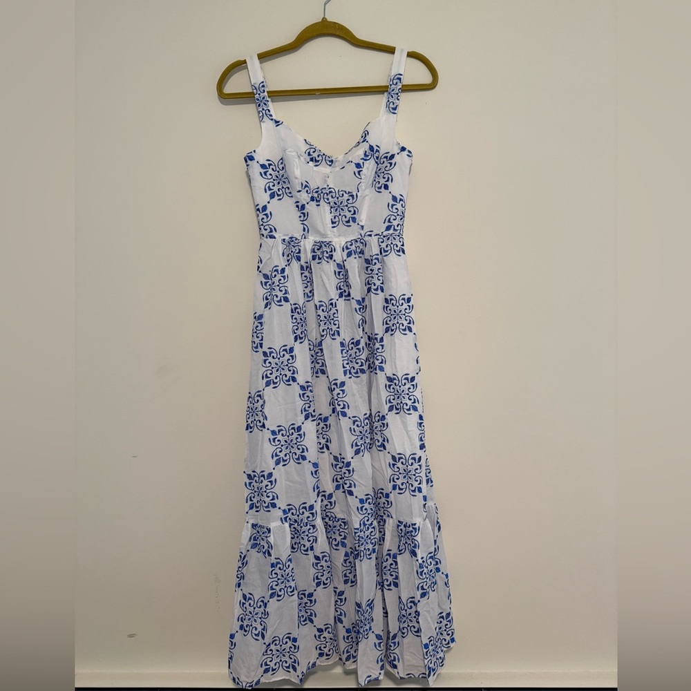 Mango Blue and White Ruffled Tiered Maxi Dress